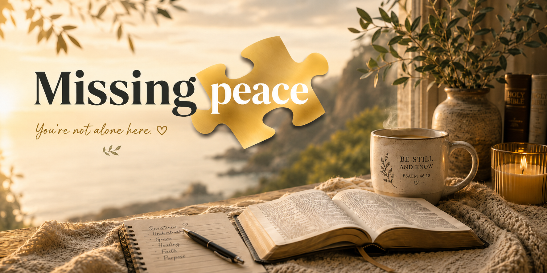 Missing peace — open Bible, coffee, candle by a window at golden hour