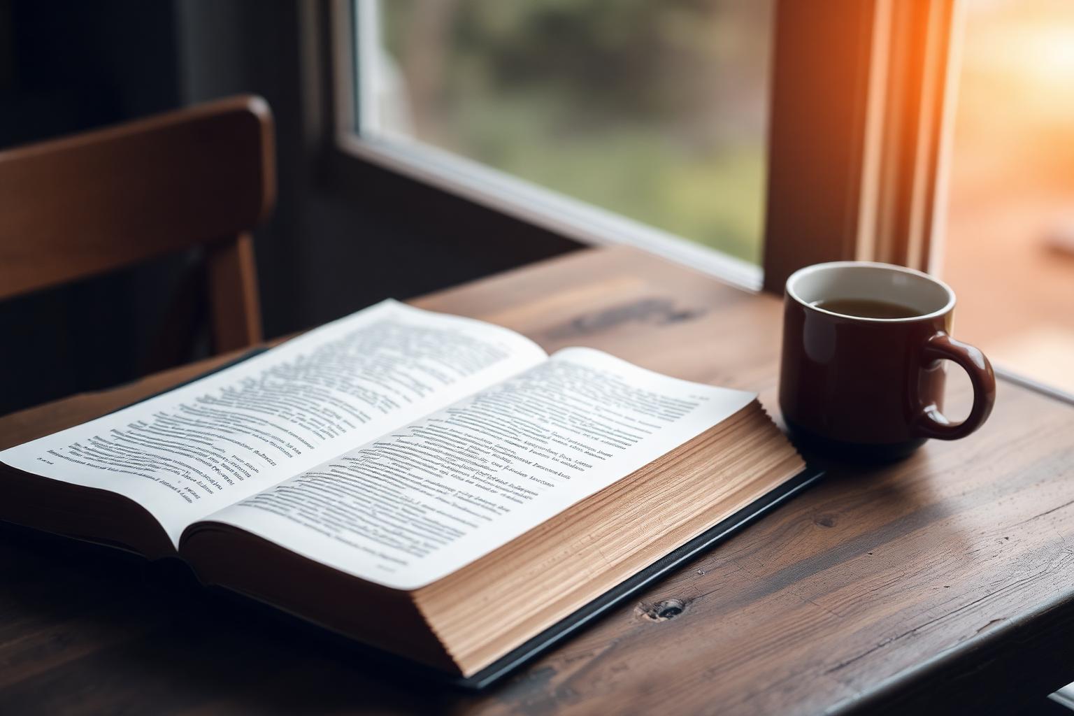 An open Bible on a wooden table beside a sunlit window